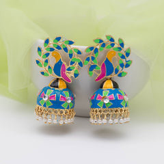 Parrot design Meenakari Jhumkas - Blue