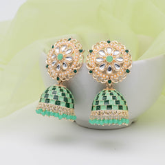 Elegant Square Design Meenakari Jhumka - Green