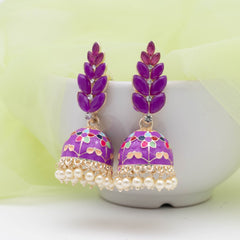 Leaf Design Meenakari Jhumka - Purple