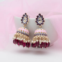 Meenakari Jhumka with dangling Pearls - Wine