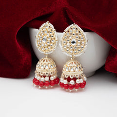 Kundan beaded Jhumka Earrings - Red