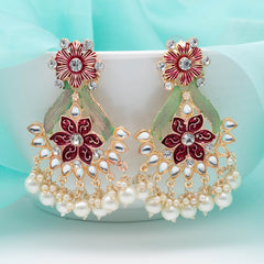 Flower Kundan Drop Earrings - Maroon